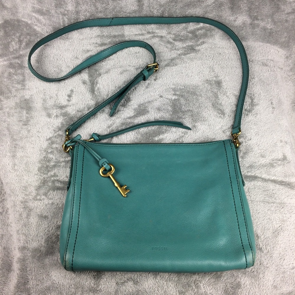 Fossil Crossbody Leather Emma Satchel Handbag Purse Key Green